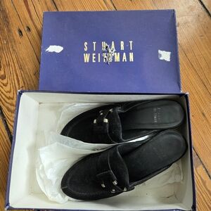 Stuart Weitzman Black Suede Datalink Mule Clog Size 37 (7) With 3" Wood Heel